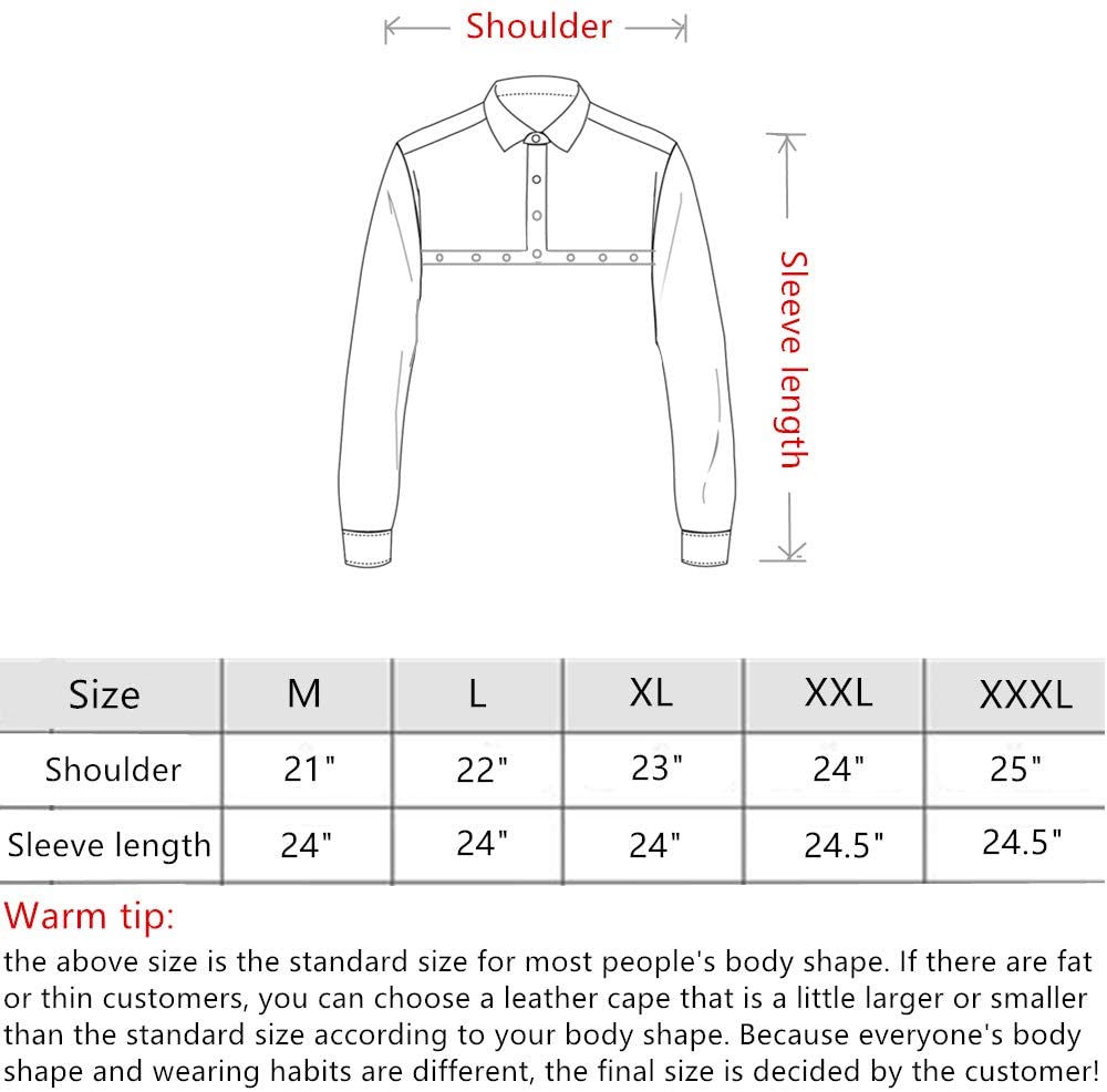 Eulangde leather welding cape sleeves size chart