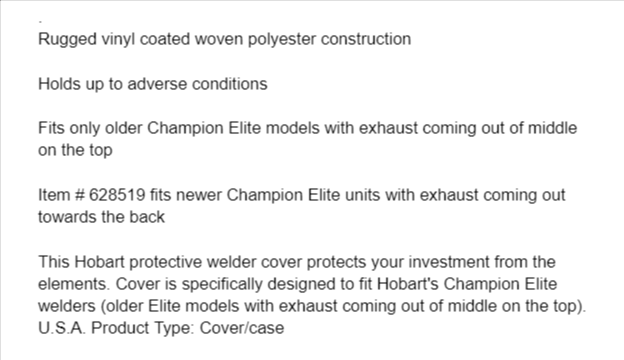 hobart welder polyester cover - product description